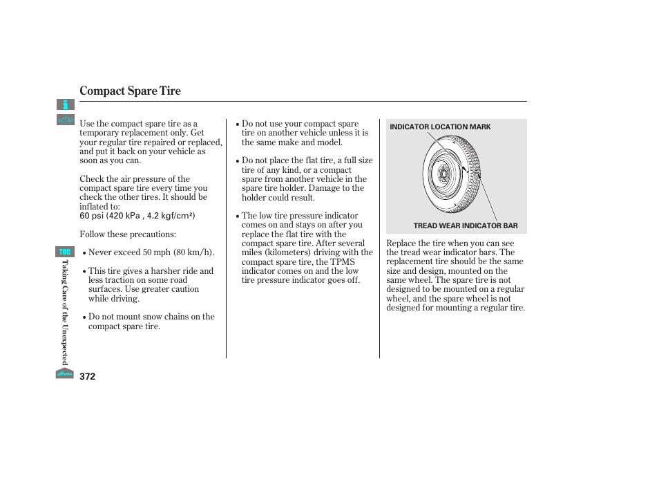 Compact spare tire, 2012 crosstour | HONDA 2012 Crosstour - Owner's Manual User Manual | Page 376 / 435