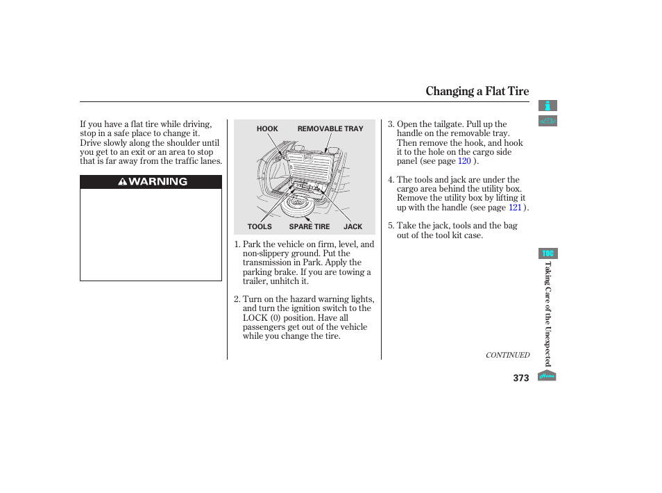 Changing a flat tire, 2012 crosstour | HONDA 2012 Crosstour - Owner's Manual User Manual | Page 377 / 435