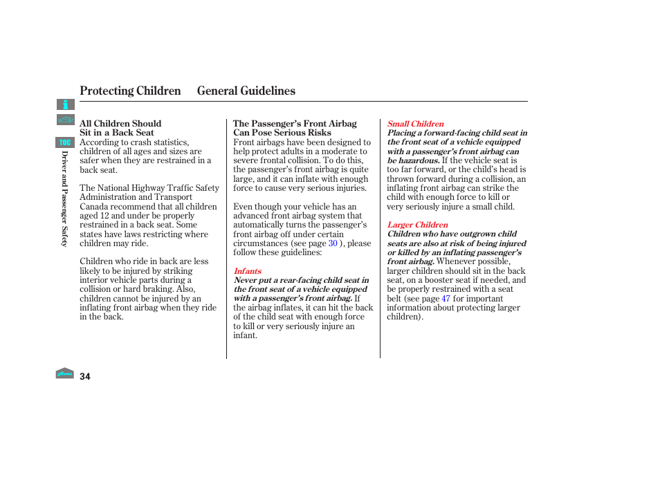 Protecting children general guidelines | HONDA 2012 Crosstour - Owner's Manual User Manual | Page 38 / 435