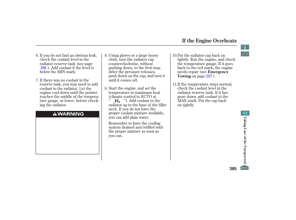 If the engine overheats, 2012 crosstour | HONDA 2012 Crosstour - Owner's Manual User Manual | Page 389 / 435