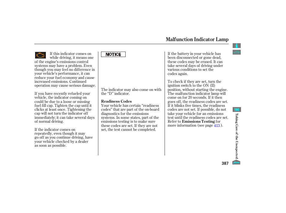 Malfunction indicator lamp, 2012 crosstour | HONDA 2012 Crosstour - Owner's Manual User Manual | Page 391 / 435