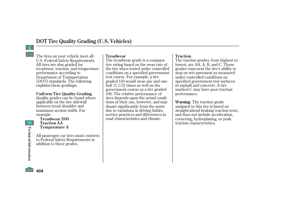 Dot tire quality grading, Dot tire quality grading (u.s. vehicles) | HONDA 2012 Crosstour - Owner's Manual User Manual | Page 408 / 435