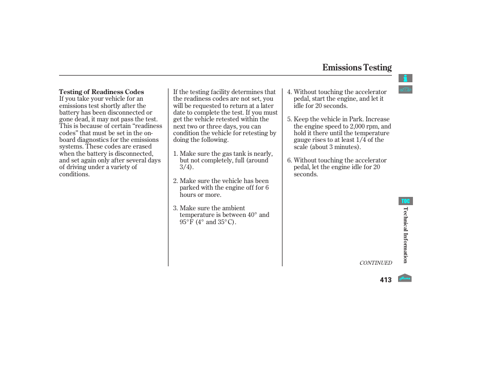 Emissions testing | HONDA 2012 Crosstour - Owner's Manual User Manual | Page 417 / 435