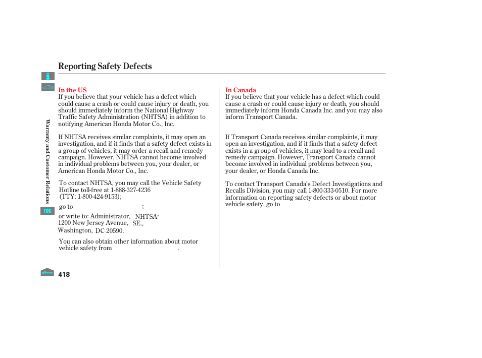 Reporting safety defects, 2012 crosstour | HONDA 2012 Crosstour - Owner's Manual User Manual | Page 422 / 435