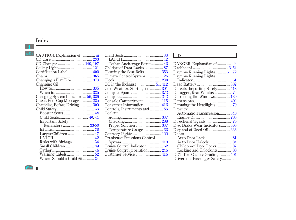 Index | HONDA 2012 Crosstour - Owner's Manual User Manual | Page 425 / 435