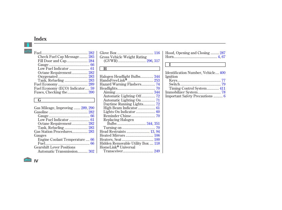 Index | HONDA 2012 Crosstour - Owner's Manual User Manual | Page 427 / 435