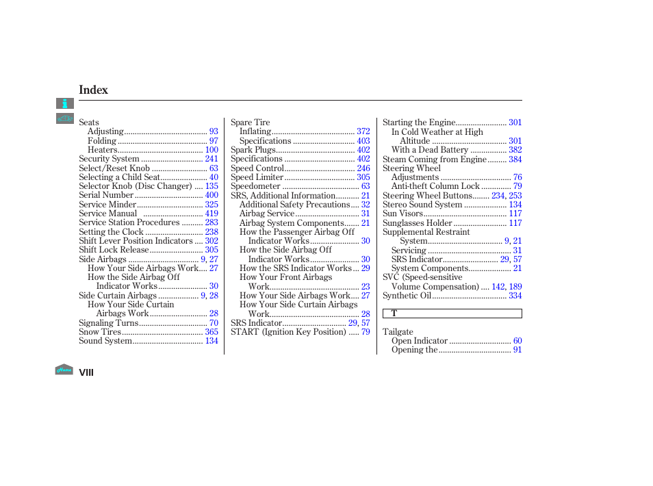 Index | HONDA 2012 Crosstour - Owner's Manual User Manual | Page 431 / 435