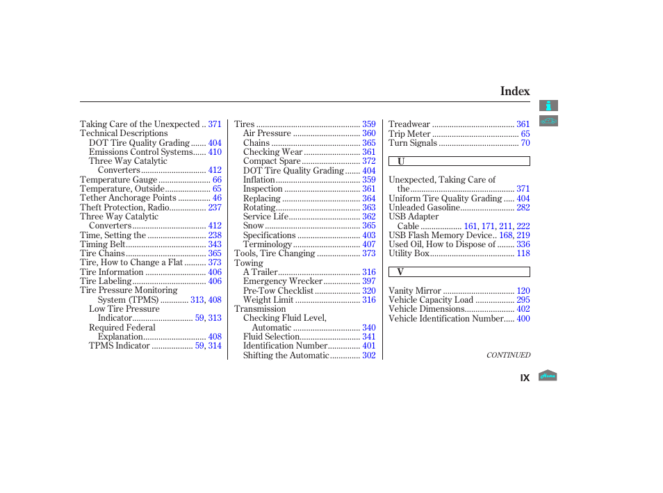 Index | HONDA 2012 Crosstour - Owner's Manual User Manual | Page 432 / 435