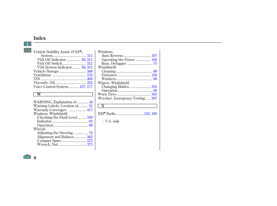 Index | HONDA 2012 Crosstour - Owner's Manual User Manual | Page 433 / 435