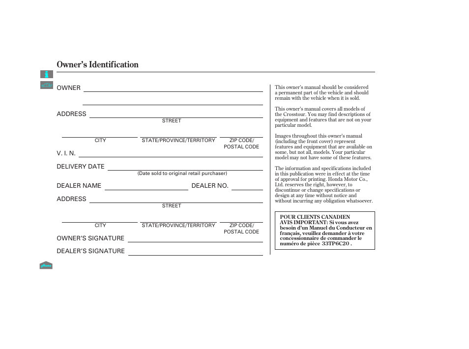 Owner’s identification, Owner's identification form, 2012 crosstour | HONDA 2012 Crosstour - Owner's Manual User Manual | Page 435 / 435