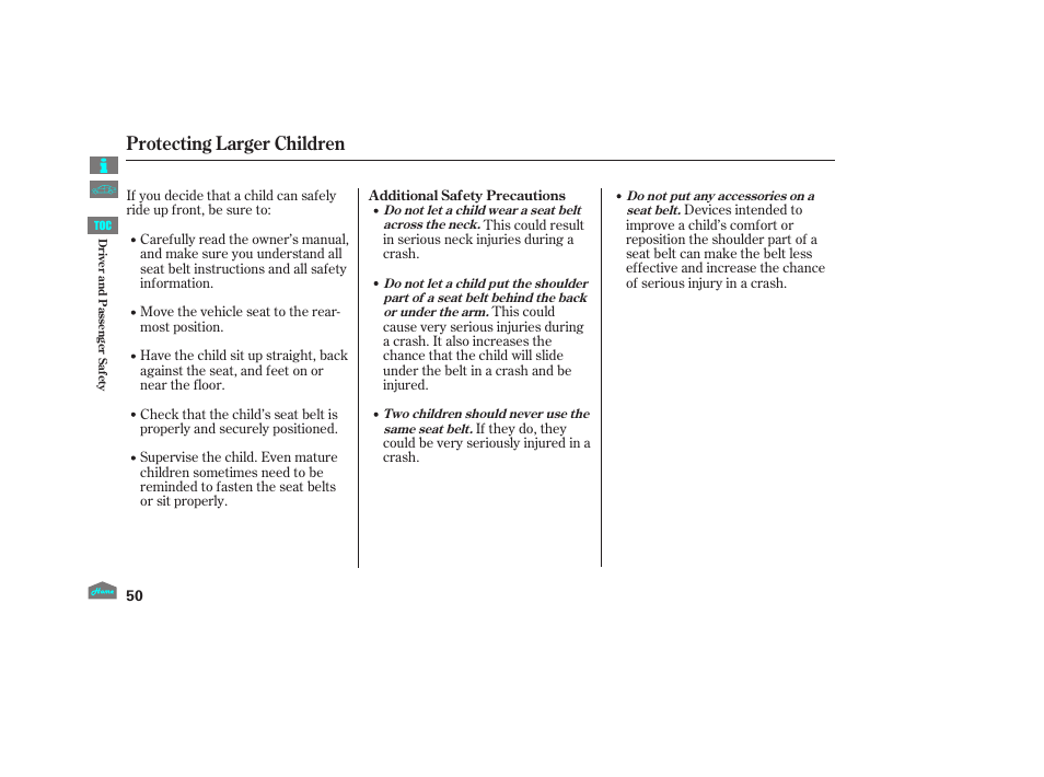 Protecting larger children | HONDA 2012 Crosstour - Owner's Manual User Manual | Page 54 / 435