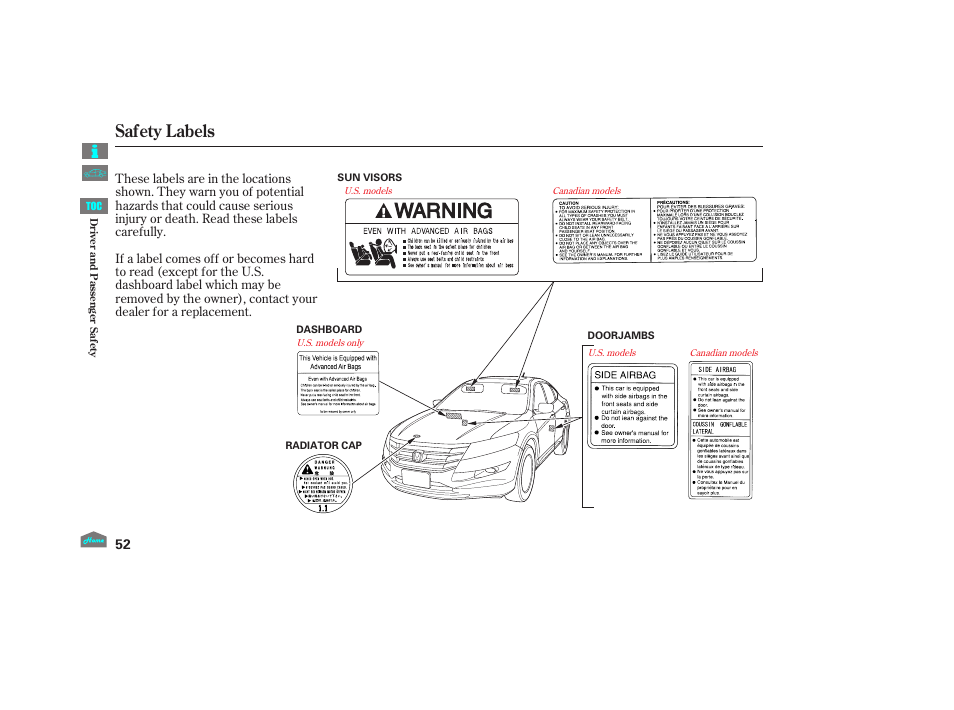 Safety labels, 2012 crosstour | HONDA 2012 Crosstour - Owner's Manual User Manual | Page 56 / 435