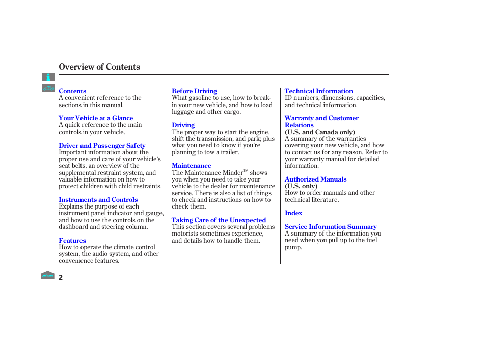 Overview of contents | HONDA 2012 Crosstour - Owner's Manual User Manual | Page 6 / 435