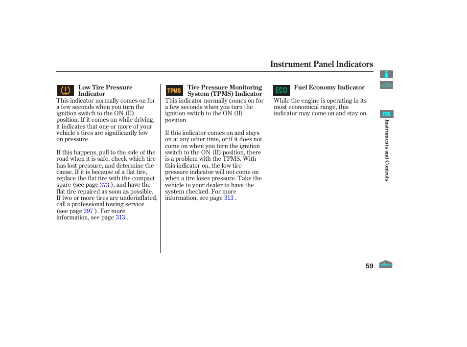 Instrument panel indicators | HONDA 2012 Crosstour - Owner's Manual User Manual | Page 63 / 435