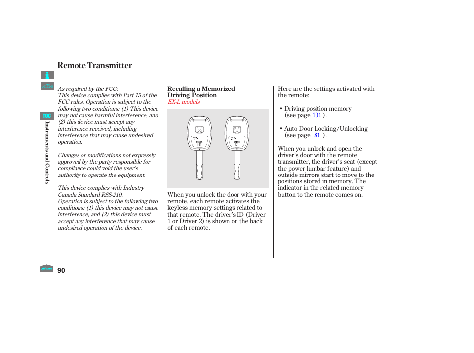 Remote transmitter, 2012 crosstour | HONDA 2012 Crosstour - Owner's Manual User Manual | Page 94 / 435