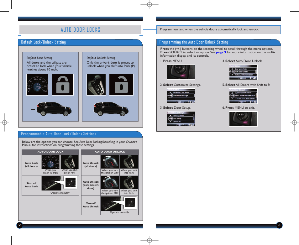 Auto door locks, Programming the auto door unlock setting, Default lock/unlock setting | Programmable auto door lock/unlock settings | HONDA 2012 CR-V (EX-L Navi) - Technology Reference Guide User Manual | Page 3 / 17