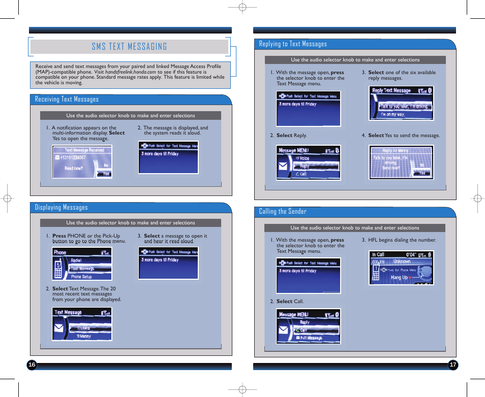 Sms text messaging, Replying to text messages calling the sender, Receiving text messages displaying messages | HONDA 2012 CR-V (LX, EX, EX-L, EX-L RES) - Technology Reference Guide User Manual | Page 10 / 13
