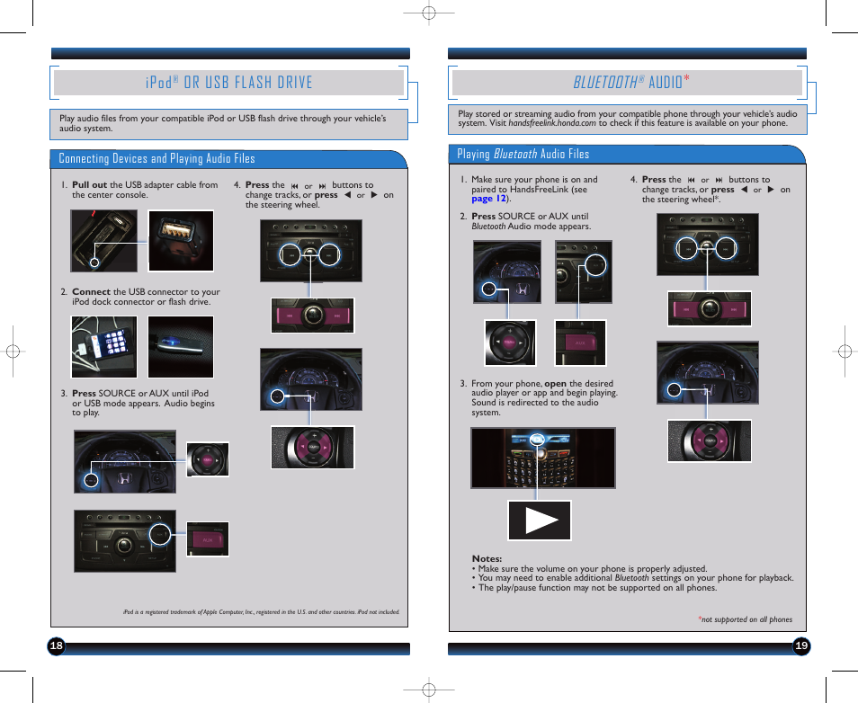 P.18, Bluetooth, Audio | Ipod, Or usb flash drive | HONDA 2012 CR-V (LX, EX, EX-L, EX-L RES) - Technology Reference Guide User Manual | Page 11 / 13