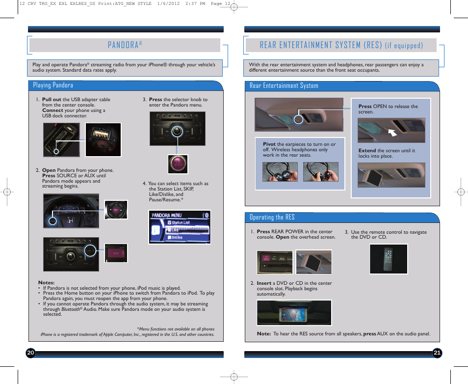 Pandora, Rear entertainment system (res), If equipped) | HONDA 2012 CR-V (LX, EX, EX-L, EX-L RES) - Technology Reference Guide User Manual | Page 12 / 13