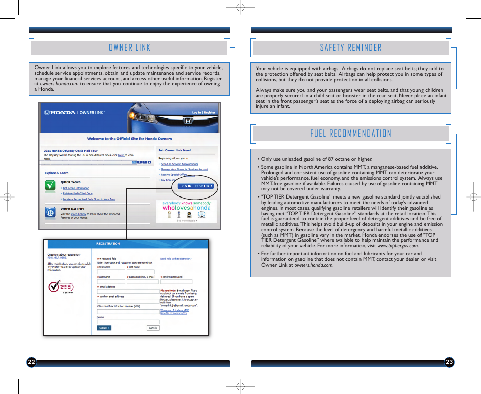 Safety reminder, Fuel recommendation, Owner link | HONDA 2012 CR-V (LX, EX, EX-L, EX-L RES) - Technology Reference Guide User Manual | Page 13 / 13