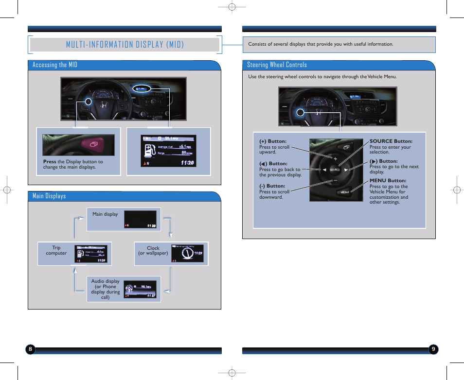 Multi-information display (mid), Main displays, Steering wheel controls | Accessing the mid | HONDA 2012 CR-V (LX, EX, EX-L, EX-L RES) - Technology Reference Guide User Manual | Page 6 / 13