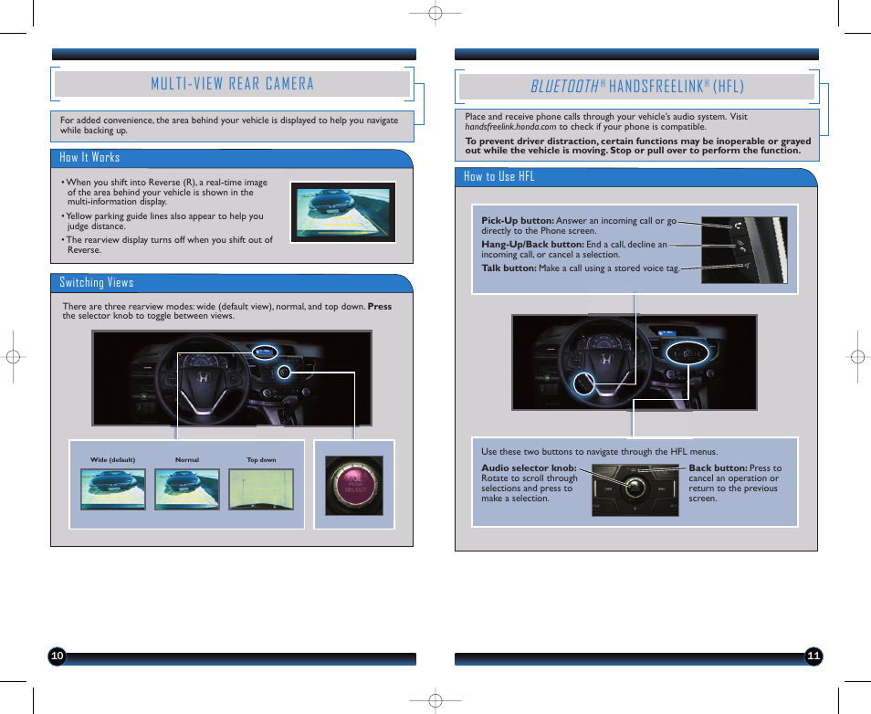 Bluetooth, Multi-view rear camera, Handsfreelink | Hfl) | HONDA 2012 CR-V (LX, EX, EX-L, EX-L RES) - Technology Reference Guide User Manual | Page 7 / 13