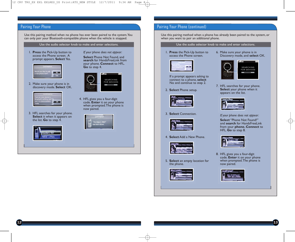 Pairing your phone, Pairing your phone (continued) | HONDA 2012 CR-V (LX, EX, EX-L, EX-L RES) - Technology Reference Guide User Manual | Page 8 / 13
