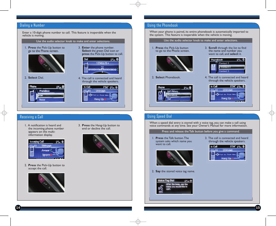 Using the phonebook, Using speed dial, Dialing a number receiving a call | HONDA 2012 CR-V (LX, EX, EX-L, EX-L RES) - Technology Reference Guide User Manual | Page 9 / 13