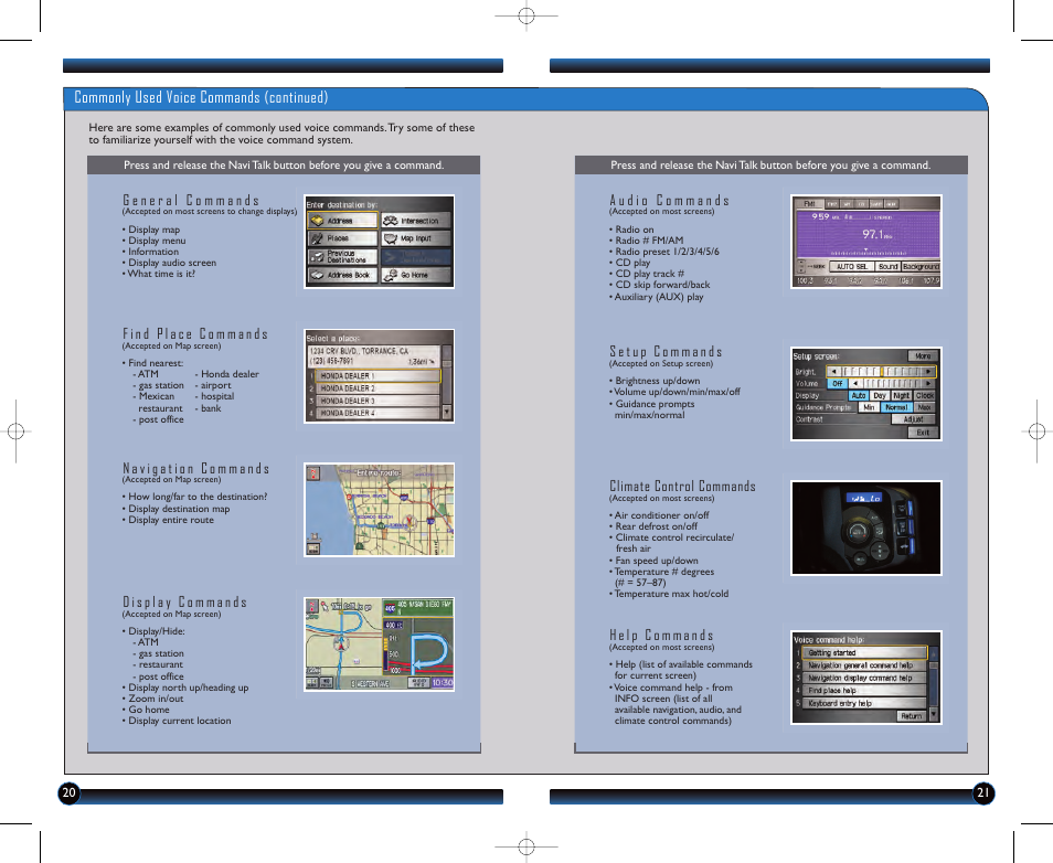 P. 21, Commonly used voice commands (continued), Climate control commands | HONDA 2012 CR-Z - Technology Reference Guide User Manual | Page 12 / 16