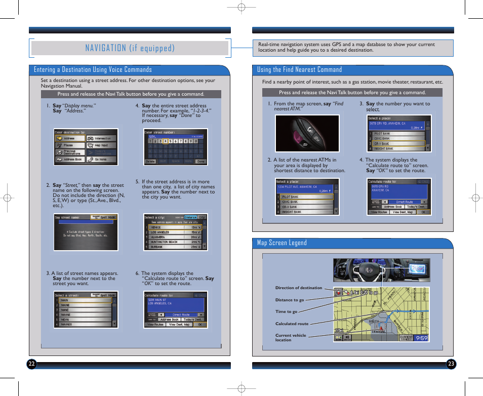 P. 22, Navigation (if equipped), Map screen legend | HONDA 2012 CR-Z - Technology Reference Guide User Manual | Page 13 / 16