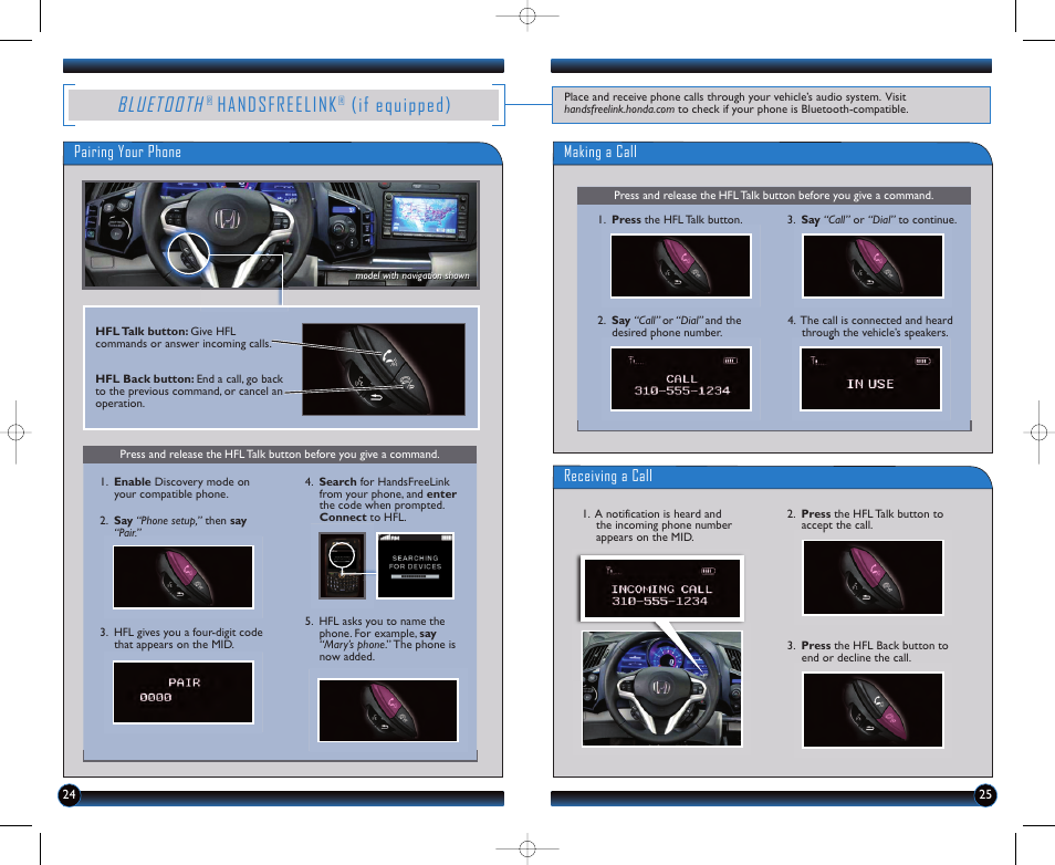 P. 24, Bluetooth, Handsfreelink | If equipped) | HONDA 2012 CR-Z - Technology Reference Guide User Manual | Page 14 / 16