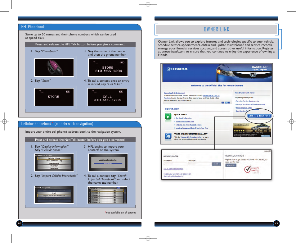 Owner link, Hfl phonebook, Cellular phonebook * (models with navigation) | HONDA 2012 CR-Z - Technology Reference Guide User Manual | Page 15 / 16