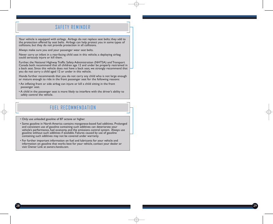 Safety reminder, Fuel recommendation | HONDA 2012 CR-Z - Technology Reference Guide User Manual | Page 16 / 16