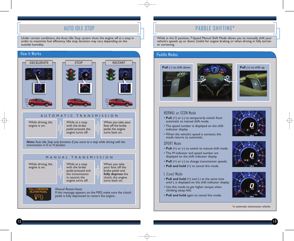 Auto idle stop, Paddle shifting, How it works | Paddle modes | HONDA 2012 CR-Z - Technology Reference Guide User Manual | Page 8 / 16