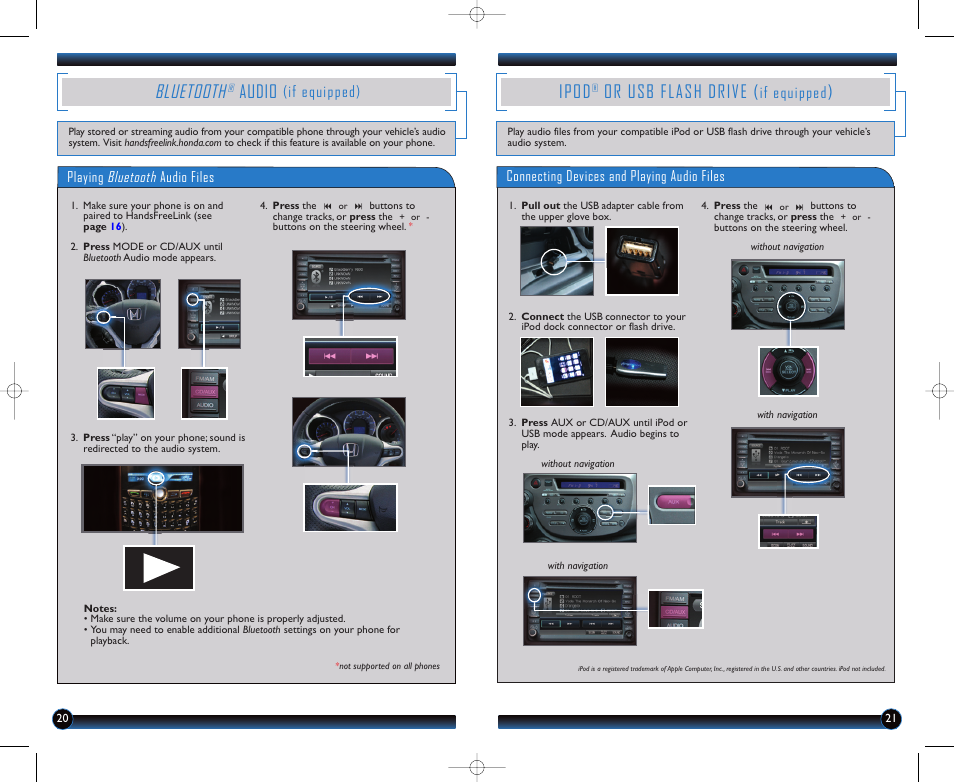 Bluetooth, Ipod orusb flash drive, Audio | If equipped, Equipped) (if | HONDA 2012 Fit - Technology Reference Guide User Manual | Page 12 / 13