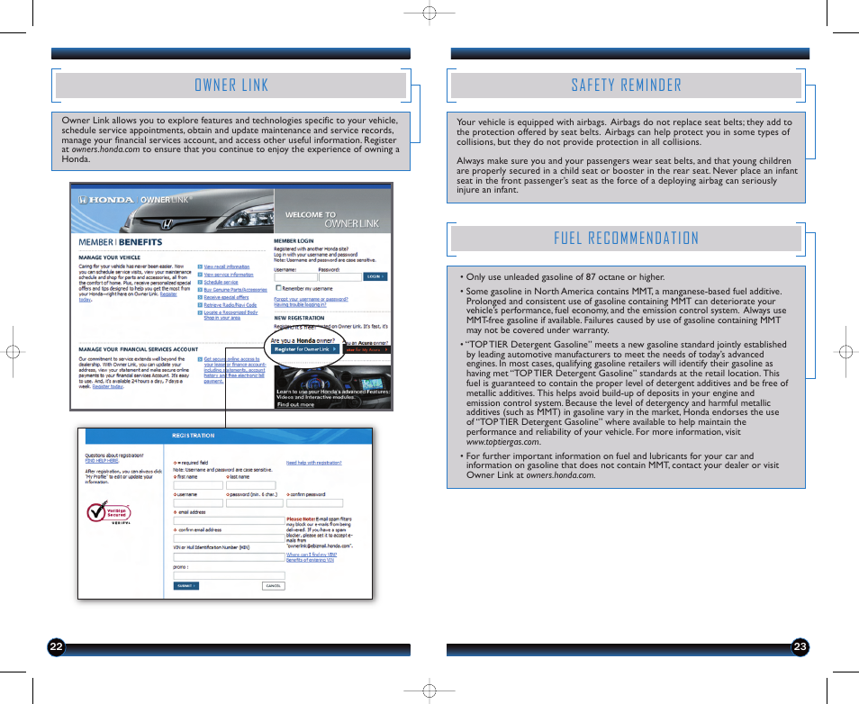 Safety reminder, Fuel recommendation, Owner link | HONDA 2012 Fit - Technology Reference Guide User Manual | Page 13 / 13