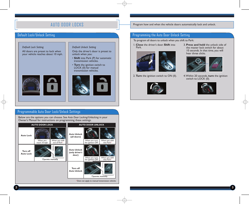 Auto door locks, Default lock/unlock setting, Programmable auto door lock/unlock settings | Programming the auto door unlock setting | HONDA 2012 Fit - Technology Reference Guide User Manual | Page 3 / 13