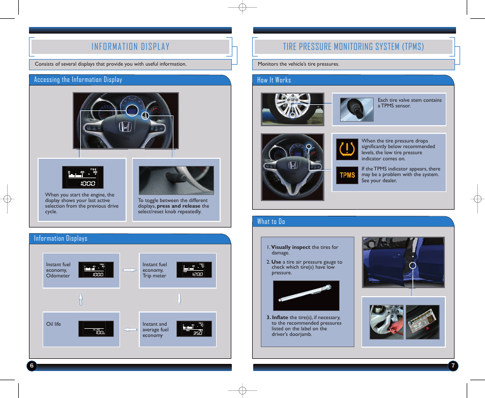 Information display, Tire pressure monitoring system (tpms) | HONDA 2012 Fit - Technology Reference Guide User Manual | Page 5 / 13