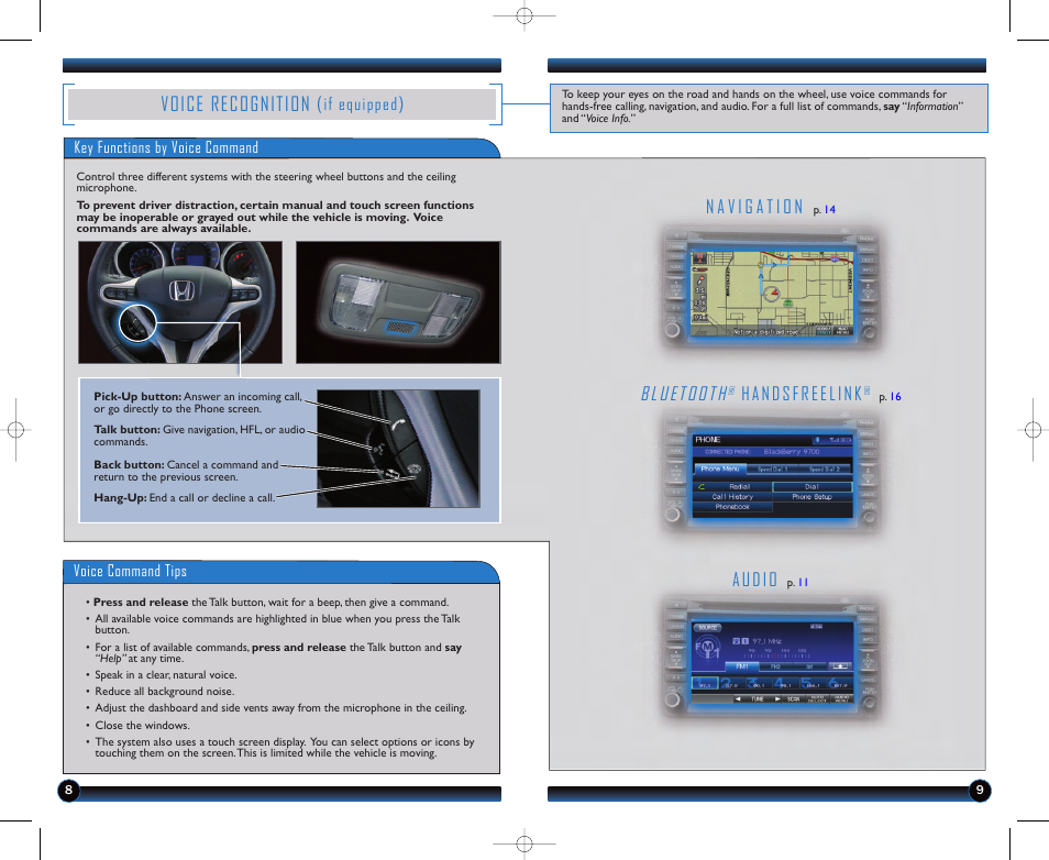 Bluetooth, Voice recognition, Audio | Handsfreelink, If equipped | HONDA 2012 Fit - Technology Reference Guide User Manual | Page 6 / 13