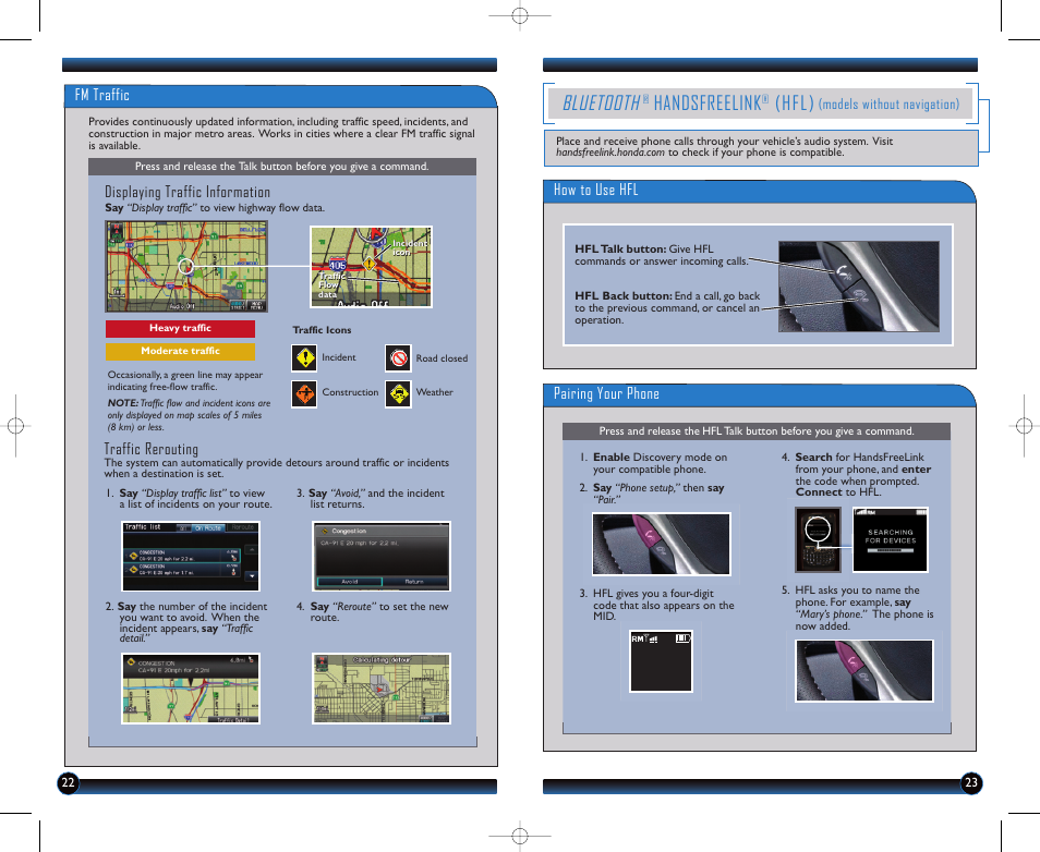 P.23, P. 23, Bluetooth | Handsfreelink, Hfl), Fm traffic, Displaying traffic information, Traffic rerouting, How to use hfl pairing your phone | HONDA 2012 Insight - Technology Reference Guide User Manual | Page 13 / 19