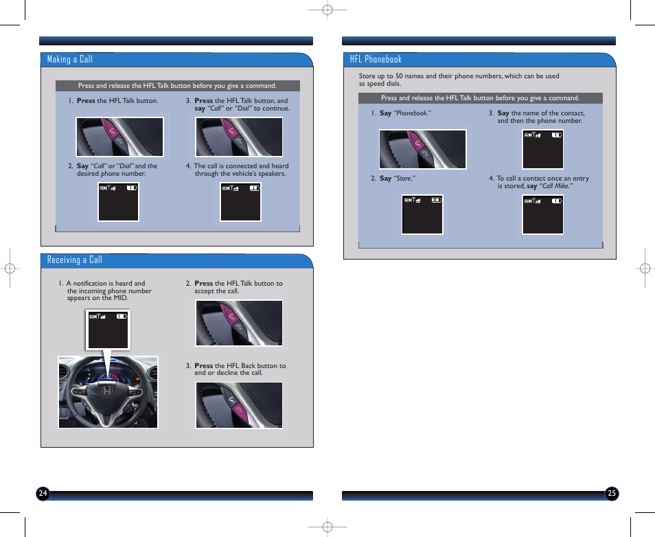 Making a call, Receiving a call, Hfl phonebook | HONDA 2012 Insight - Technology Reference Guide User Manual | Page 14 / 19