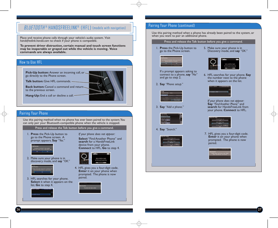 Bluetooth, Handsfreelink, Hfl) | Pairing your phone (continued), How to use hfl, Pairing your phone | HONDA 2012 Insight - Technology Reference Guide User Manual | Page 15 / 19