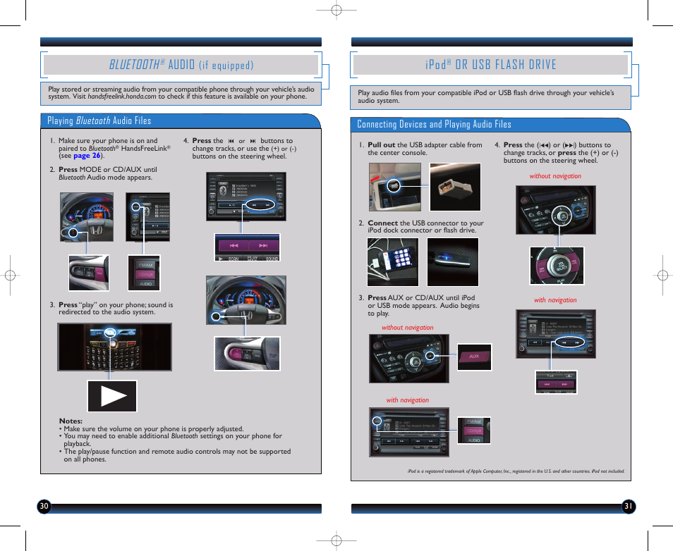 Bluetooth, Audio, Ipod | Or usb flash drive, If equipped), Playing bluetooth audio files, Connecting devices and playing audio files | HONDA 2012 Insight - Technology Reference Guide User Manual | Page 17 / 19