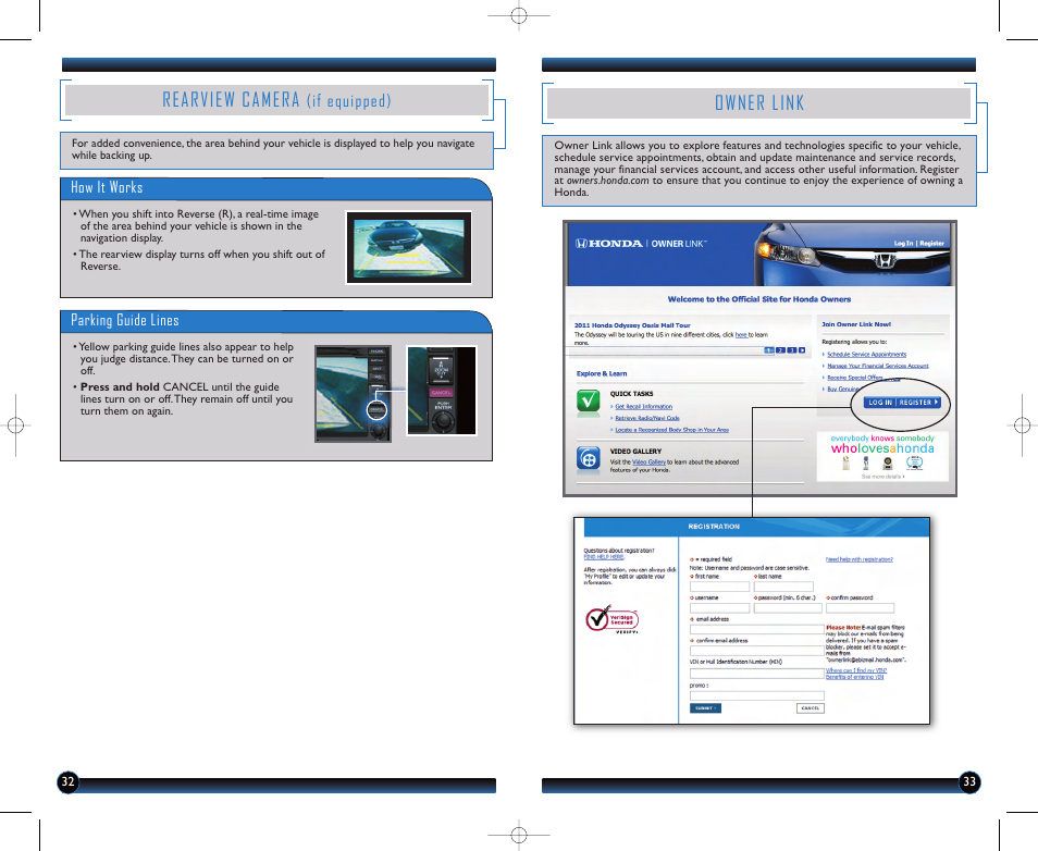Owner link, Rearview camera, If equipped) | HONDA 2012 Insight - Technology Reference Guide User Manual | Page 18 / 19