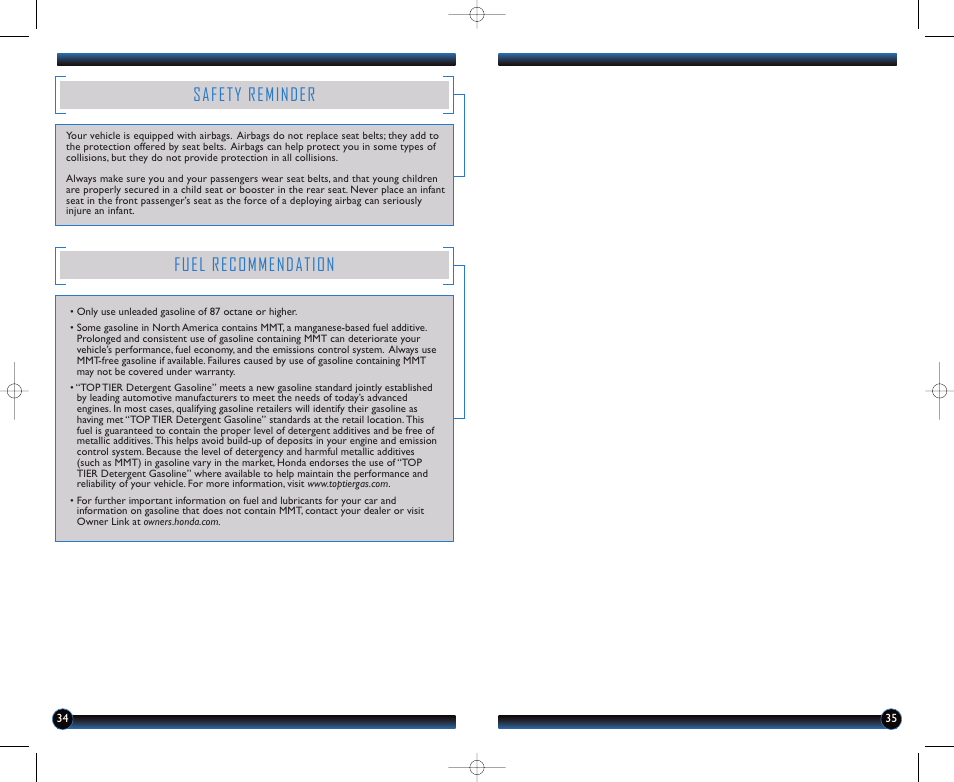 Safety reminder, Fuel recommendation | HONDA 2012 Insight - Technology Reference Guide User Manual | Page 19 / 19