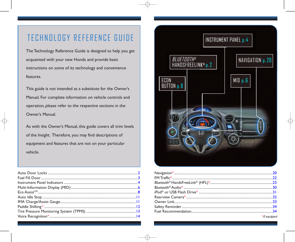 Technology reference guide, Bluetooth, Econ button p.8 | Handsfreelink, P. 23 | HONDA 2012 Insight - Technology Reference Guide User Manual | Page 2 / 19