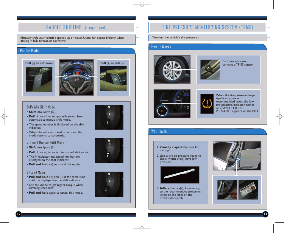 Paddle shifting, Tire pressure monitoring system (tpms), If equipped) | HONDA 2012 Insight - Technology Reference Guide User Manual | Page 8 / 19