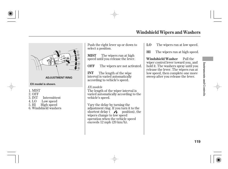 Windshield wipers and washers | HONDA 2012 Insight - Owner's Manual User Manual | Page 125 / 418