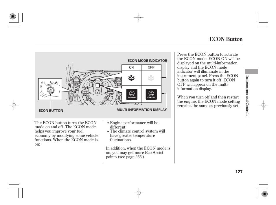 Econ button | HONDA 2012 Insight - Owner's Manual User Manual | Page 133 / 418