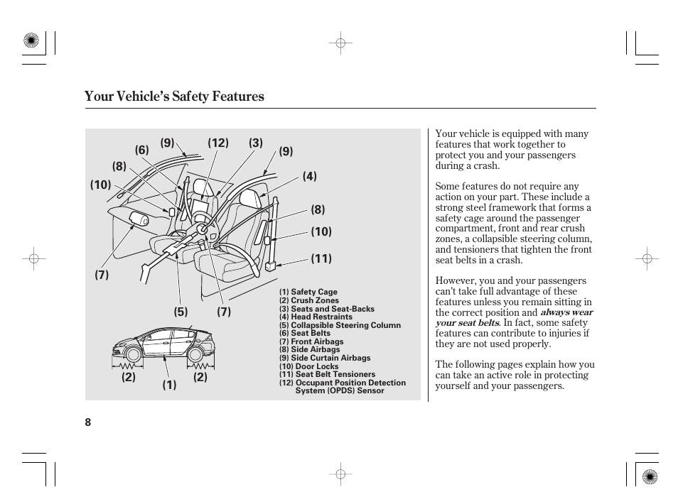 Your vehicle’s safety features | HONDA 2012 Insight - Owner's Manual User Manual | Page 14 / 418